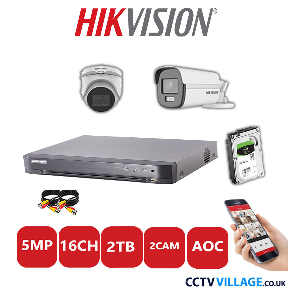 Hikvision 5MP Mix CCTV System 16 Channel DVR-iDS-7216HQHI-K1/4S with 1x Turret Camera DS.2CE76HOT-ITMFS White & 1x Bullet Camera DS.2CE12KF0T-LFS White 2TB HDD Full Kit