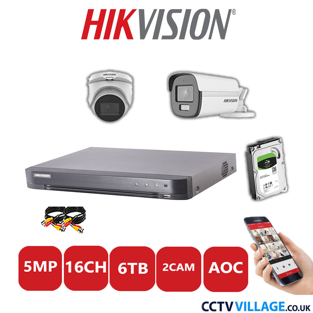 Hikvision 5MP Mix CCTV System 16 Channel DVR-iDS-7216HQHI-K1/4S with 1x Turret Camera DS.2CE76HOT-ITMFS White & 1x Bullet Camera DS.2CE12KF0T-LFS White 6TB HDD Full Kit