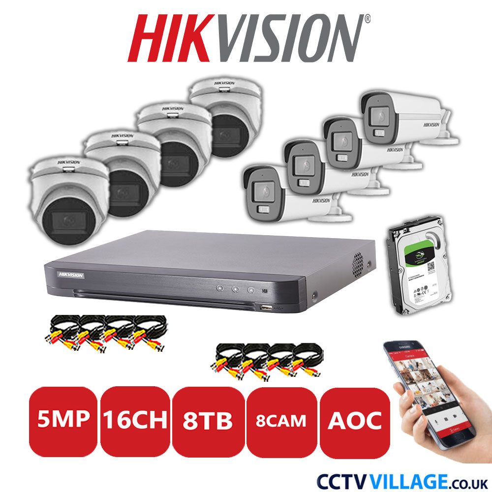 Hikvision 5MP Mix CCTV System 16 Channel DVR-iDS-7216HQHI-K1/4S with 4x Turret Cameras DS.2CE76HOT-ITMFS White & 4x Bullet Cameras DS.2CE12KF0T-LFS White 8TB HDD Full Kit