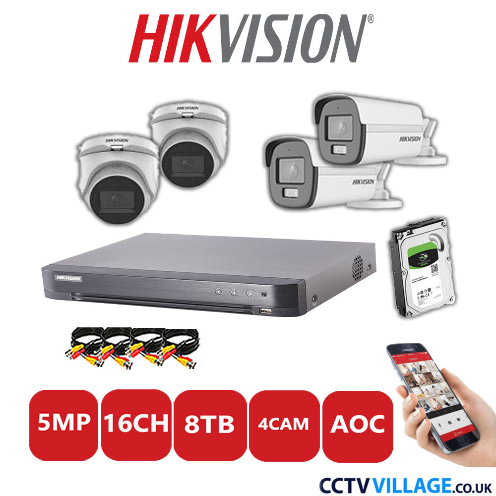 Hikvision 5MP Mix CCTV System 16 Channel DVR-iDS-7216HQHI-K1/4S with 2x Turret Cameras DS.2CE76HOT-ITMFS White & 2x Bullet Cameras DS.2CE12KF0T-LFS White 8TB HDD Full Kit