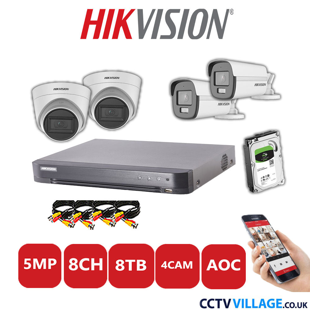 Hikvision 5MP Mix CCTV System 8 Channel DVR-iDS-7208HQHI-K1/4S with 2x Turret Cameras DS.2CE78HOT-IT3FS White & 2x Bullet Cameras DS.2CE12KF0T-LFS White 8TB HDD Full Kit