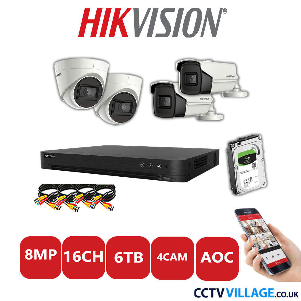 Hikvision 8MP Mix CCTV System 16 Channel DVR-iDS-7216HUHI-M1/S with 2x Turret Cameras DS.2CE78U1T-IT3F White & 2x Bullet Cameras DS.2CE16U1T-IT3F White 6TB HDD Full Kit