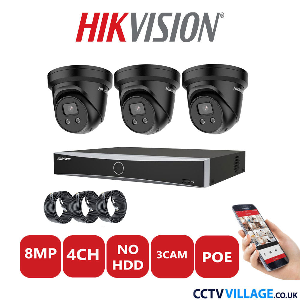 Hikvision 8MP IP CCTV System 4 Channel NVR-DS7604NXI-K1/4P with 3x Turret Cameras DS-2CD2386G2-ISU/SL Black No HDD Full Kit