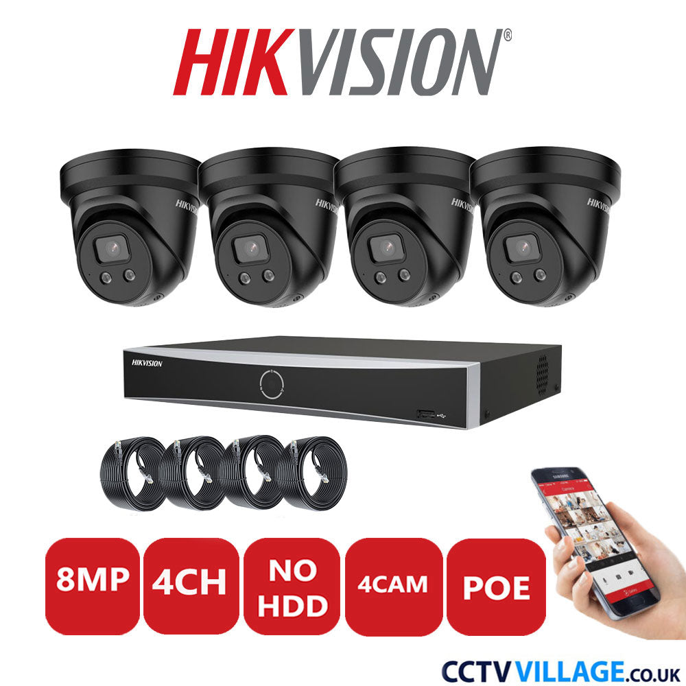 Hikvision 8MP IP CCTV System 4 Channel NVR-DS7604NXI-K1/4P with 4x Turret Cameras DS-2CD2386G2-ISU/SL Black No HDD Full Kit