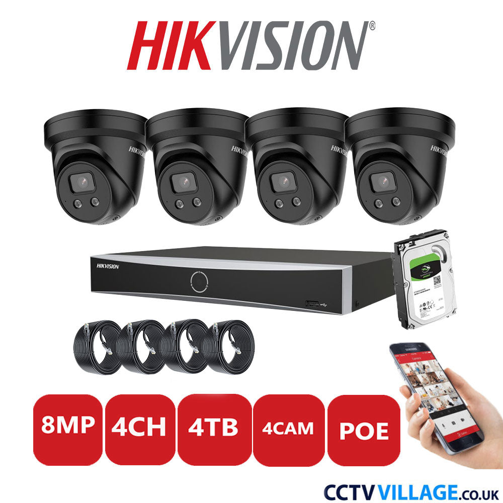 Hikvision 8MP IP CCTV System 4 Channel NVR-DS7604NXI-K1/4P with 4x Turret Cameras DS-2CD2386G2-ISU/SL Black 4TB HDD Full Kit