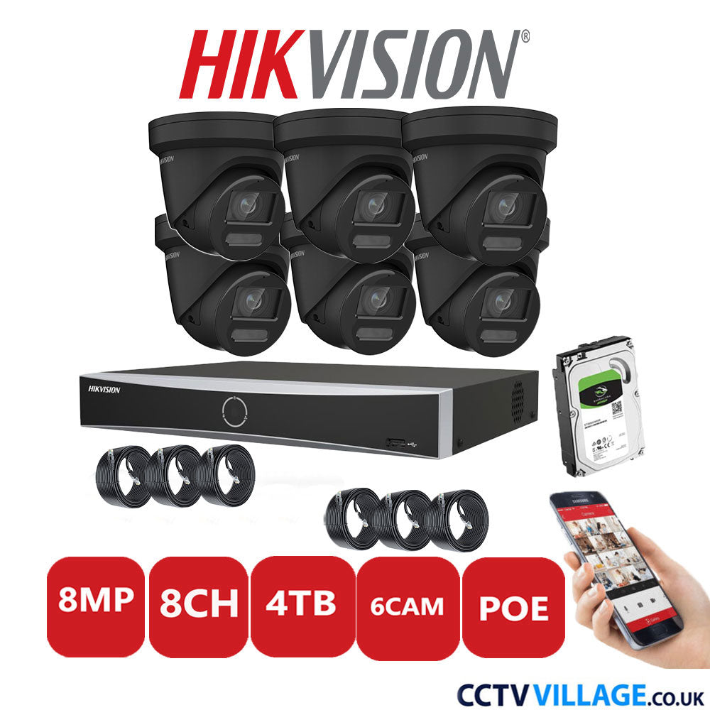 Hikvision 8MP IP CCTV System 8 Channel NVR-DS7608NXI-K2/8P with 6x Turret Cameras DS-2CD2387G2-LU Black 4TB HDD Full Kit