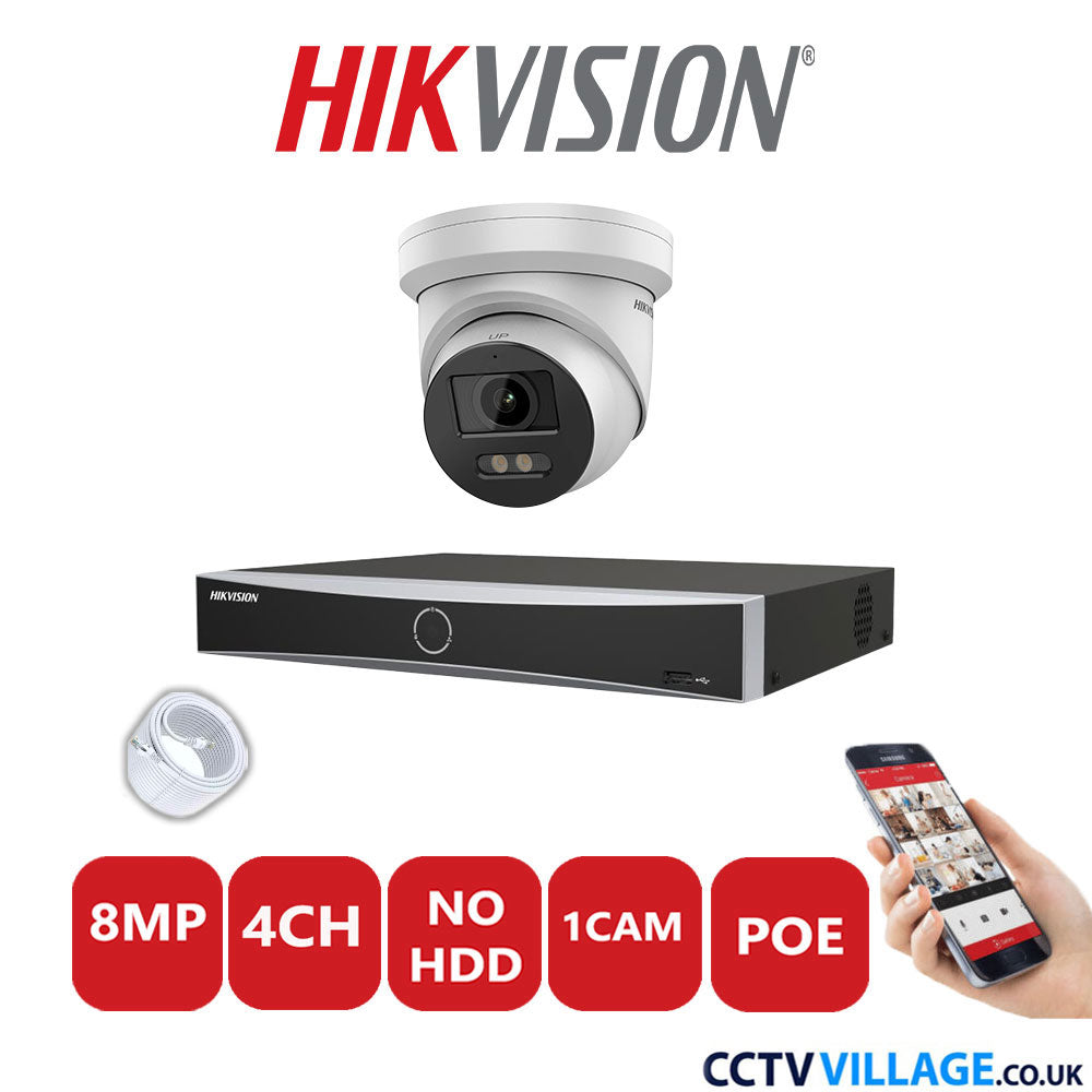 Hikvision 8MP IP CCTV System 4 Channel NVR-DS7604NXI-K1/4P with 1x Turret Camera DS-2CD2387G2-LU White No HDD Full Kit