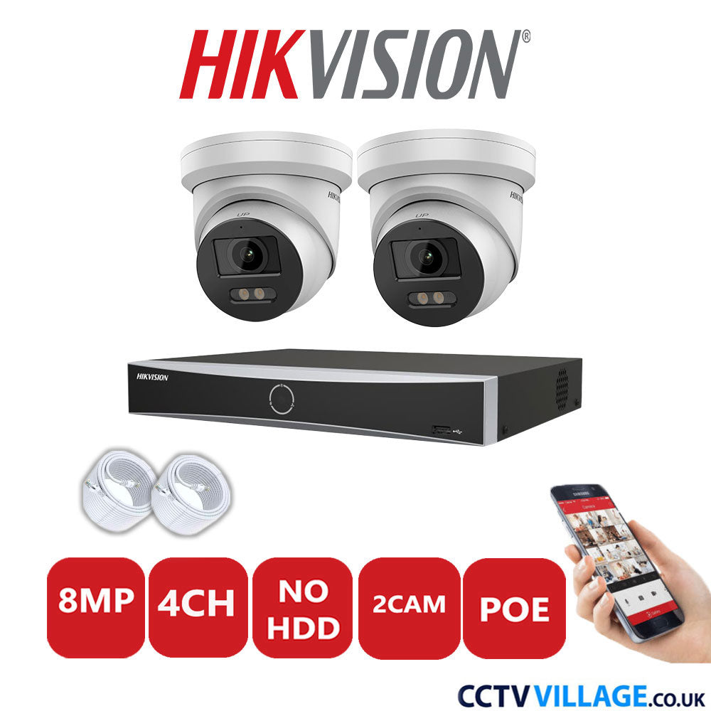 Hikvision 8MP IP CCTV System 4 Channel NVR-DS7604NXI-K1/4P with 2x Turret Cameras DS-2CD2387G2-LU White No HDD Full Kit