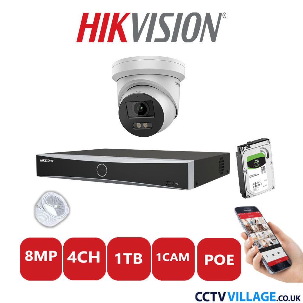 Hikvision 8MP IP CCTV System 4 Channel NVR-DS7604NXI-K1/4P with 1x Turret Camera DS-2CD2387G2-LU White 1TB HDD Full Kit
