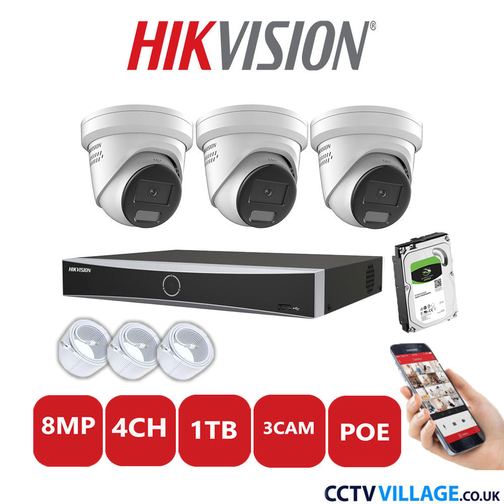 Hikvision 8MP IP CCTV System 4 Channel NVR-DS7604NXI-K1/4P with 3x Turret Cameras DS-2CD2387G2H-LISU/SL White 1TB HDD Full Kit