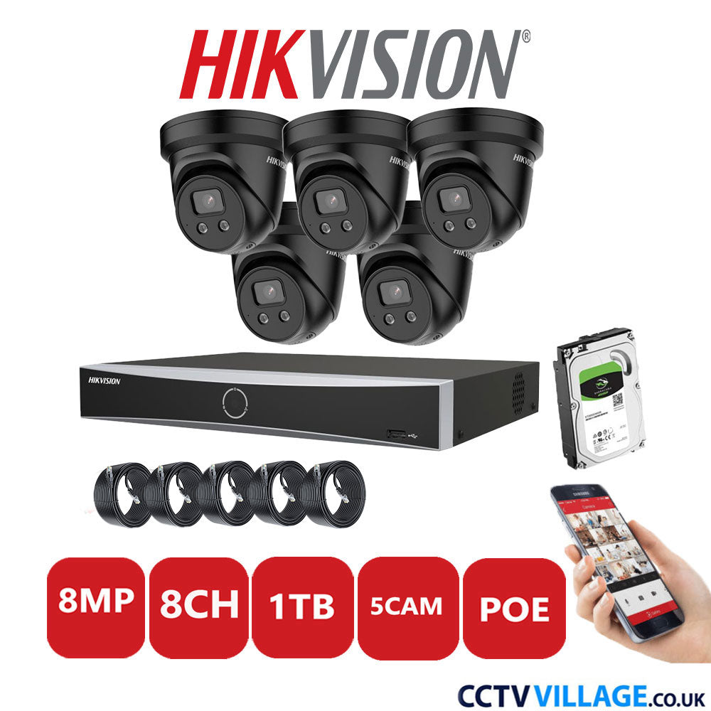 Hikvision 8MP IP CCTV System 8 Channel NVR-DS7608NXI-K2/8P with 5x Turret Cameras DS-2CD2386G2H-ISU/SL Black 1TB HDD Full Kit