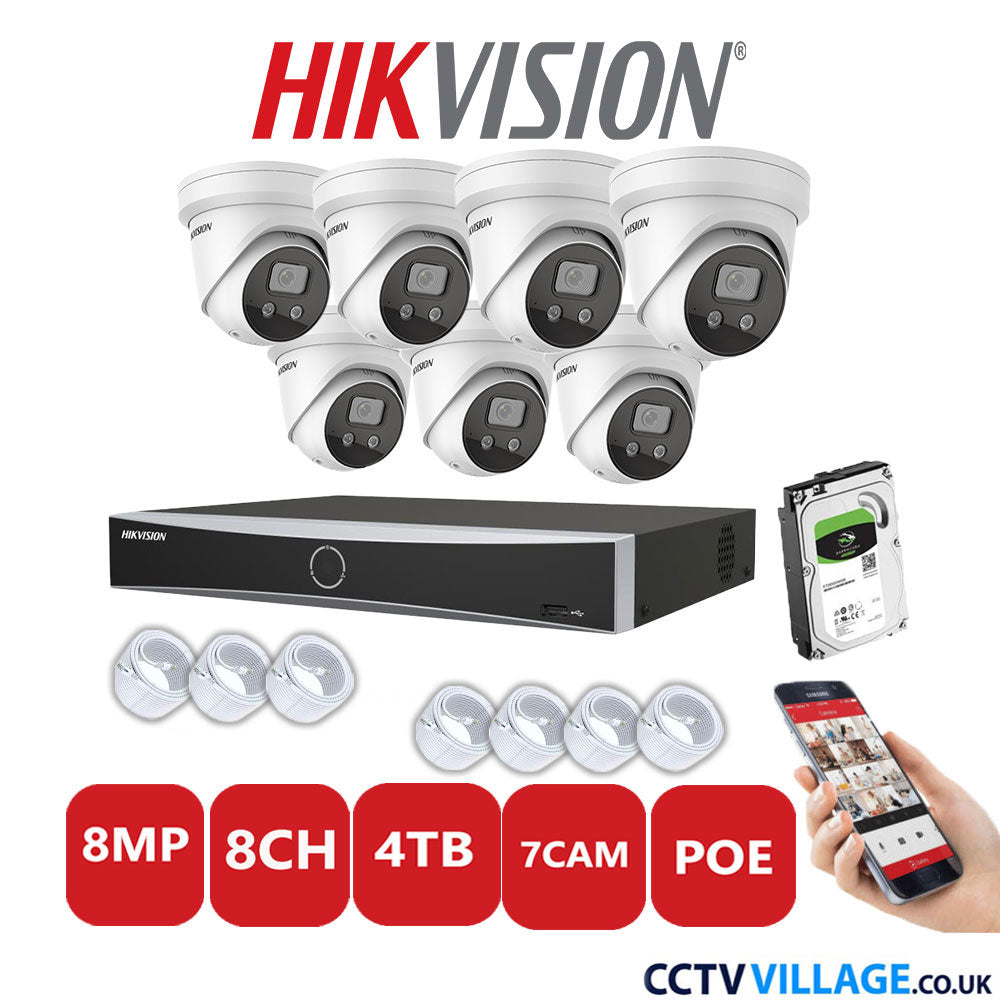 Hikvision 8MP IP CCTV System 8 Channel NVR-DS7608NXI-K2/8P with 7x Turret Cameras DS-2CD2386G2H-ISU/SL White 4TB HDD Full Kit