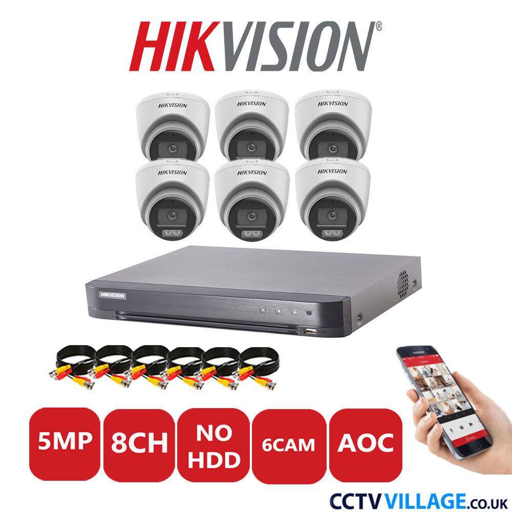 Hikvision 5MP CCTV System 8 Channel DVR-iDS-7208HQHI-K1/4S with 6x Turret Cameras DS-2CE72KF0T-LFS White No HDD Full Kit