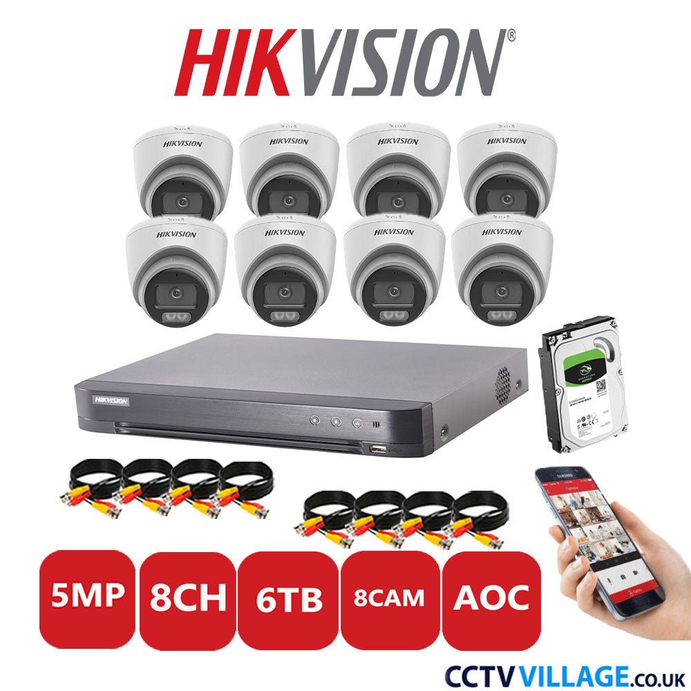 Hikvision 5MP CCTV System 8 Channel DVR-iDS-7208HQHI-K1/4S with 8x Turret Cameras DS-2CE72KF0T-LFS White 6TB HDD Full Kit