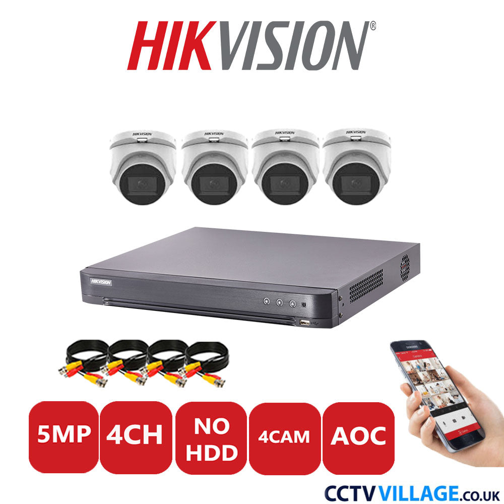 Hikvision 5MP CCTV System 4 Channel DVR-iDS-7204HQHI-K1/2S with 4x Turret Cameras DS-2CE76H0T-ITMFS White NO HDD Full Kit
