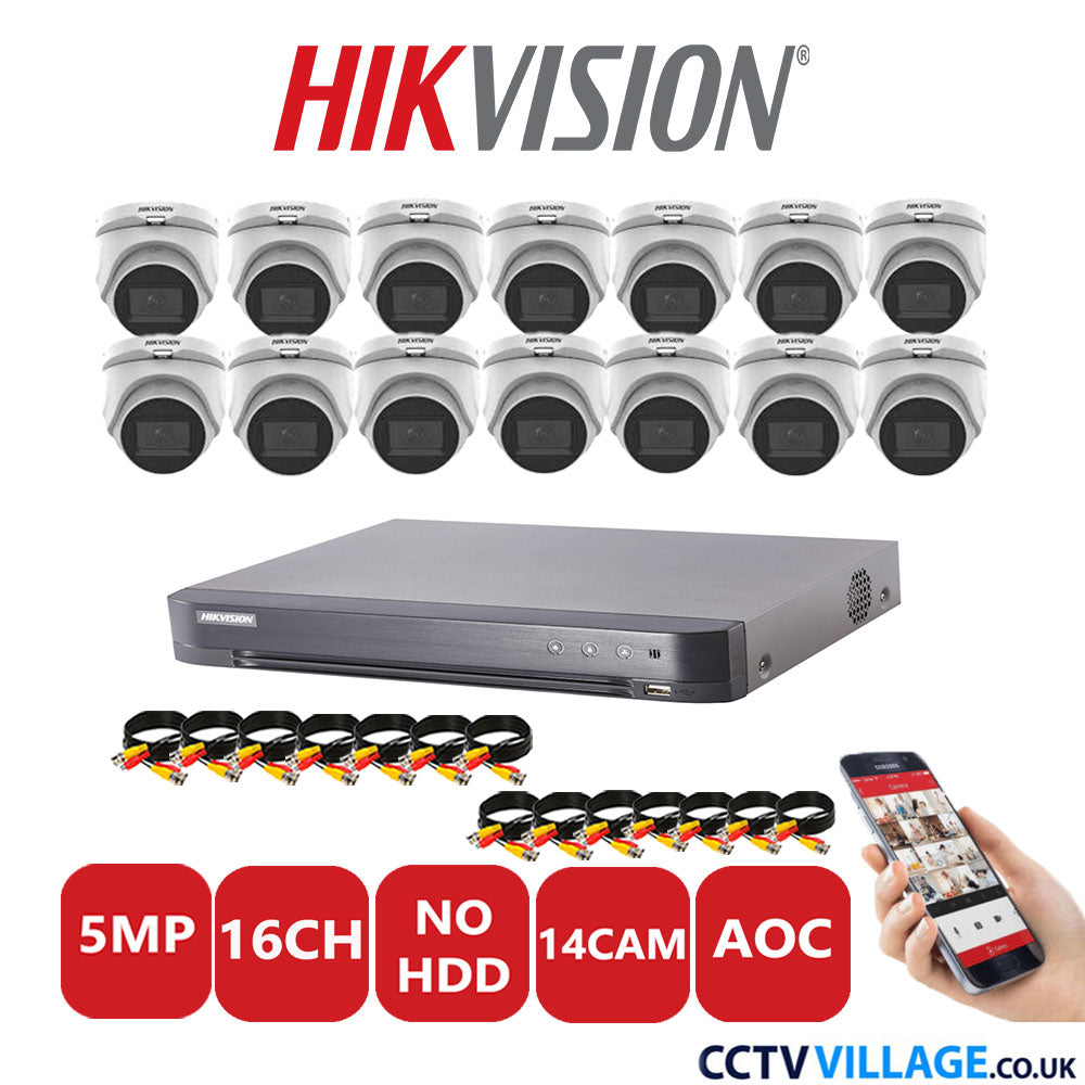 Hikvision 5MP CCTV System 16 Channel DVR-iDS-7216HQHI-K1/4S with 14x Turret Cameras DS-2CE76H0T-ITMS White No HDD Full Kit