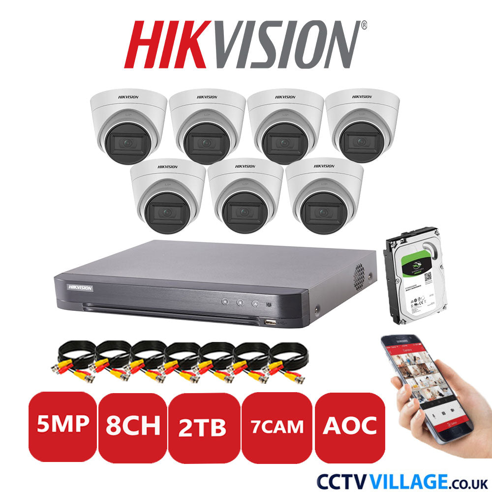 Hikvision 5MP CCTV System 8 Channel DVR-iDS-7208HQHI-K1/4S with 7x Turret Cameras DS-2CE78H0T-IT3FS White 2TB HDD Full Kit