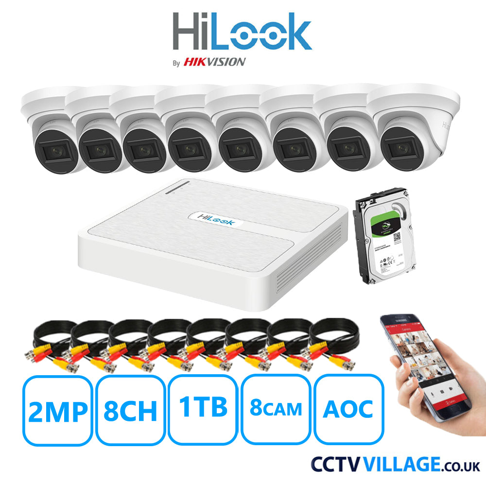 HiLook 2MP CCTV System 8 Channel DVR-108G-K1 with 8 Turret Cameras THC-T220-MS White 1TB HDD Full Kit