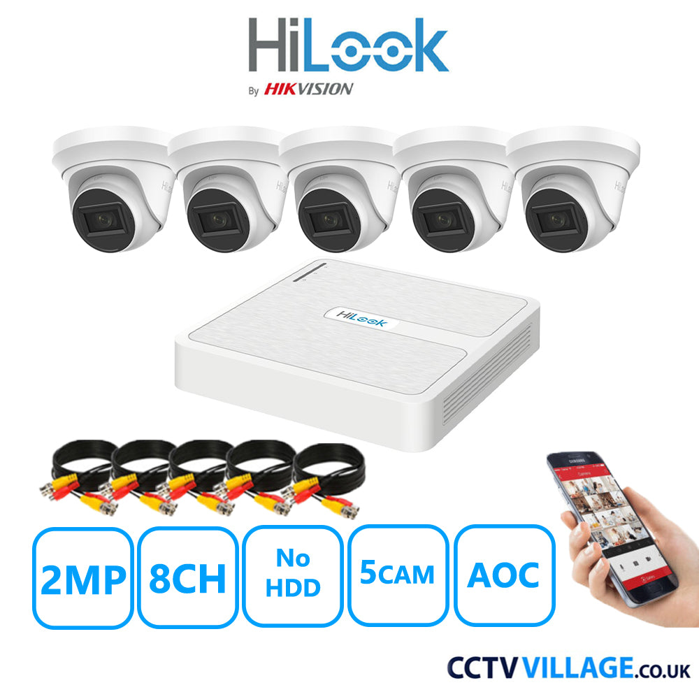 HiLook 2MP CCTV System 8 Channel DVR-108G-K1 with 5 Turret Cameras THC-T220-MS White NO HDD Full Kit