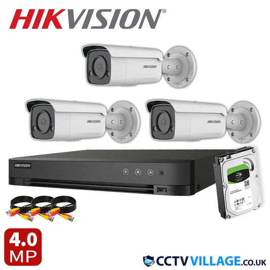 Hikvision 3x Camera Kit 4 Channel 1080p 1U H.265 AcuSense DVR with 2TB HDD 4MP ColorVu Strobe Light and Audible Warning Fixed Bullet Network Camera (DS-2CD2T47G2-LSU/SL)