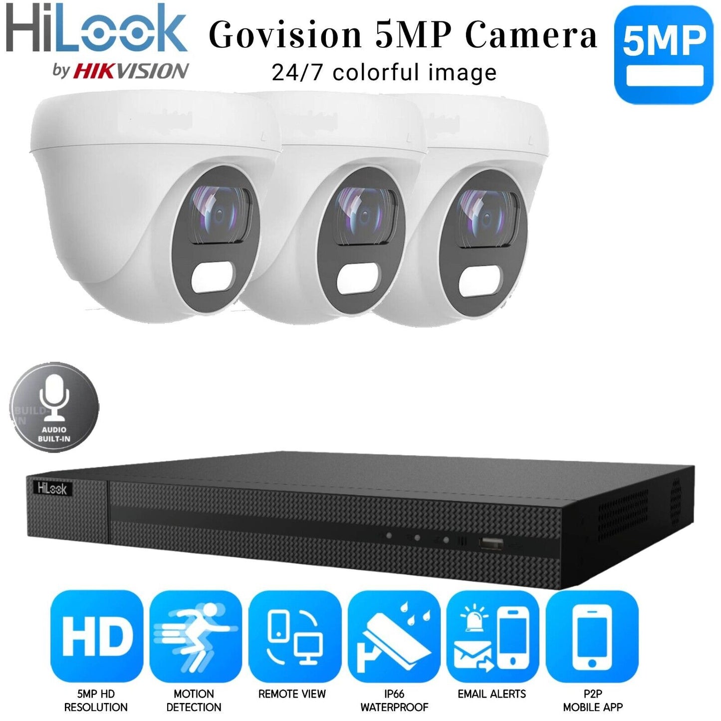 HIKVISION 5MP COLORVU AUDIO MIC CCTV SECURITY OUTDOOR INDOOR CAMERA SYSTEM KIT 4CH DVR 3x Cameras (white) 6TB HDD