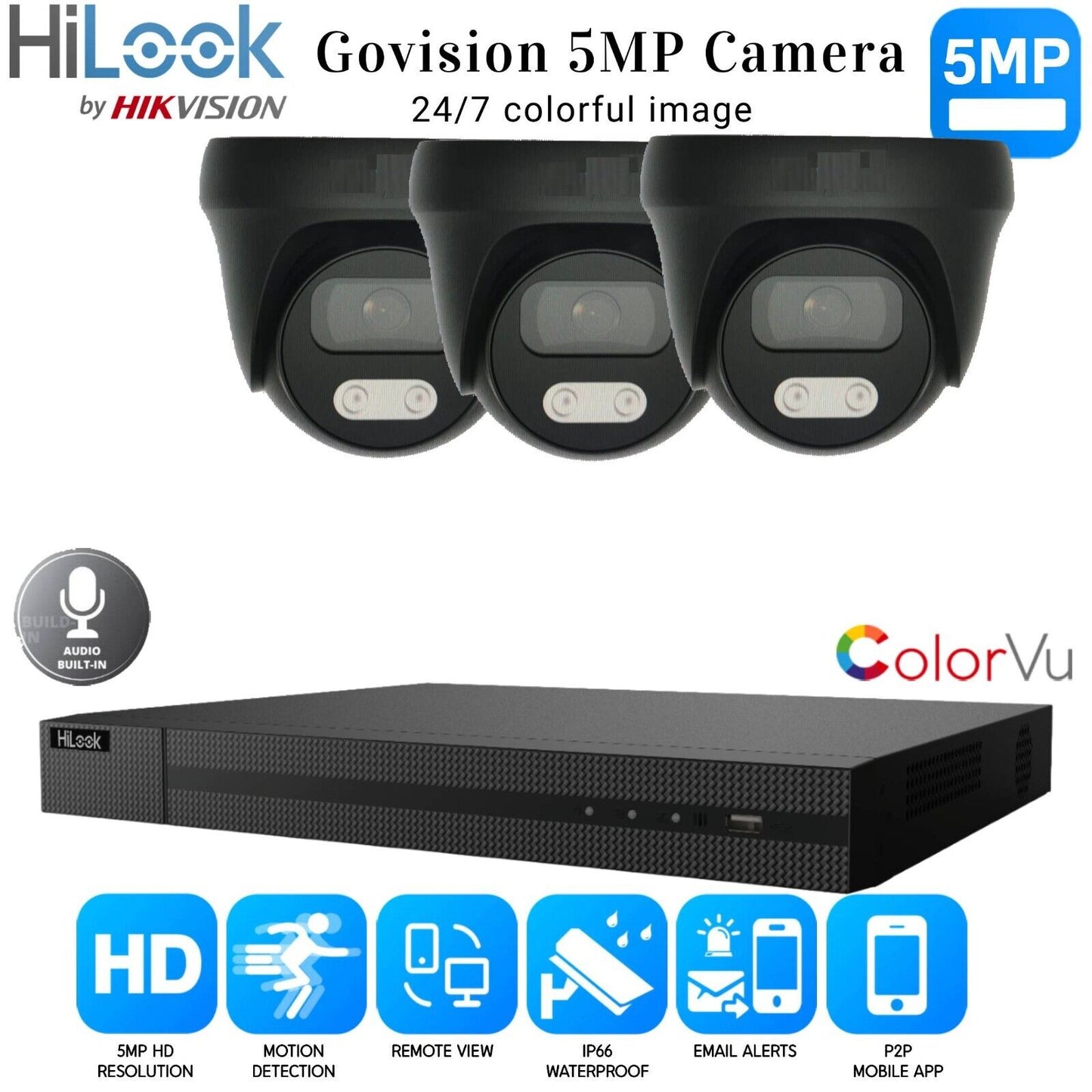 HIKVISION 5MP COLORVU AUDIO MIC CCTV SECURITY OUTDOOR INDOOR CAMERA SYSTEM KIT 4CH DVR 3x Cameras (gray) 6TB HDD