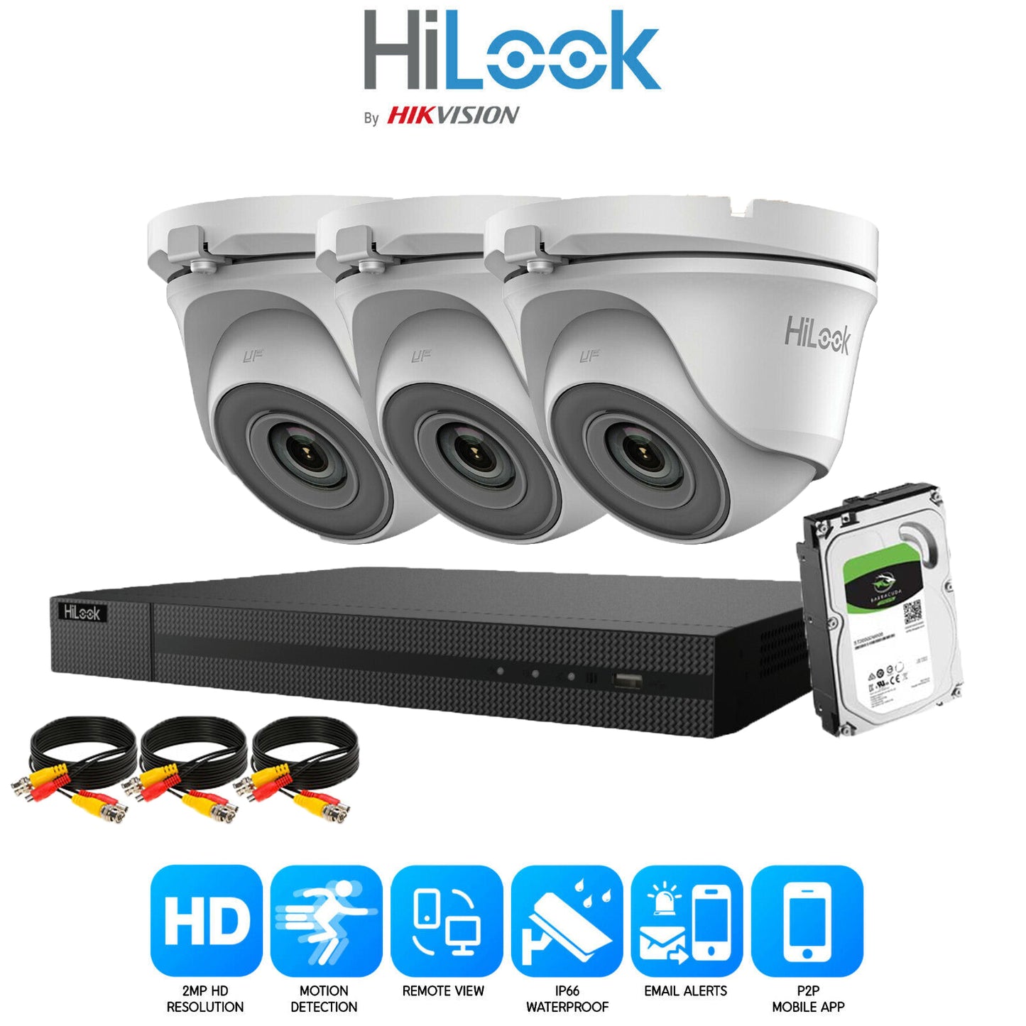 Hilook 2MP Full CCTV Security System. 4CH DVR and 3x Turret Cameras and 1TB HDD