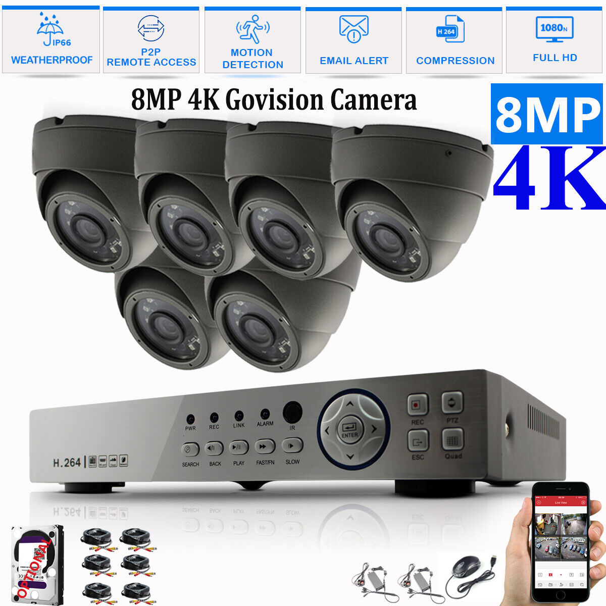 8MP CCTV System 4CH 8CH 4K Ultra HD DVR Dome Camera Home Security Kit Night UK 8CH DVR 6xCameras (gray) 2TB HDD