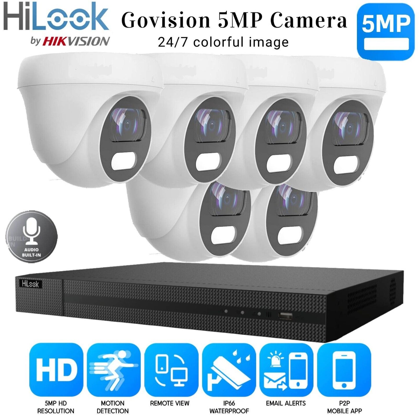 HIKVISION 5MP COLORVU AUDIO MIC CCTV SECURITY OUTDOOR INDOOR CAMERA SYSTEM KIT 8CH DVR 6x Cameras (white) 2TB HDD