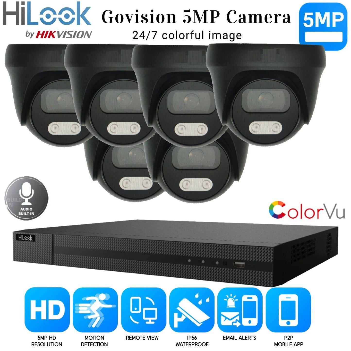 HIKVISION 5MP COLORVU AUDIO MIC CCTV SECURITY OUTDOOR INDOOR CAMERA SYSTEM KIT 8CH DVR 6x Cameras (gray) 2TB HDD