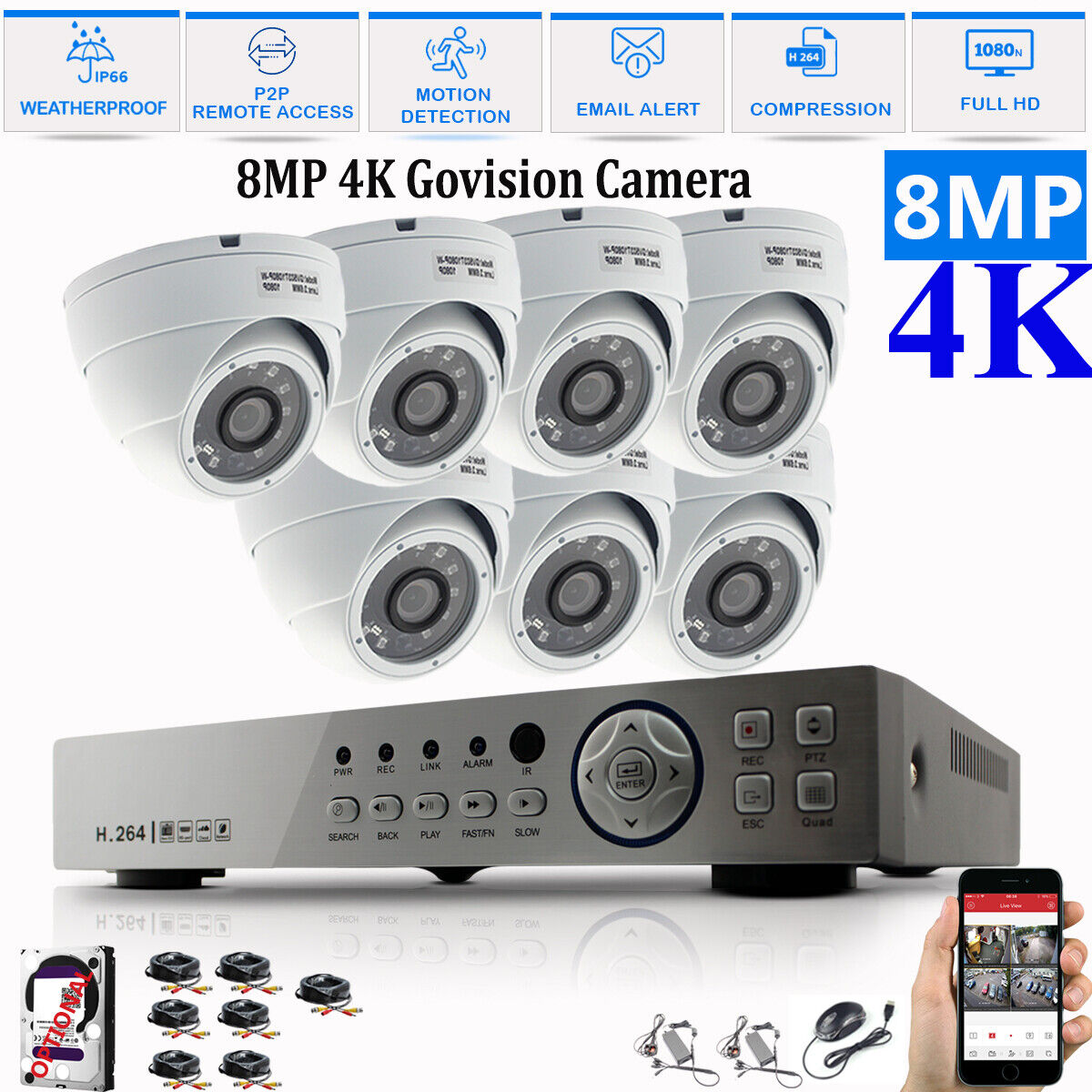 8MP CCTV System 4CH 8CH 4K Ultra HD DVR Dome Camera Home Security Kit Night UK 8CH DVR 7xCameras (white) 1TB HDD