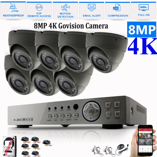 8MP CCTV System 4CH 8CH 4K Ultra HD DVR Dome Camera Home Security Kit Night UK 8CH DVR 7xCameras (gray) 1TB HDD