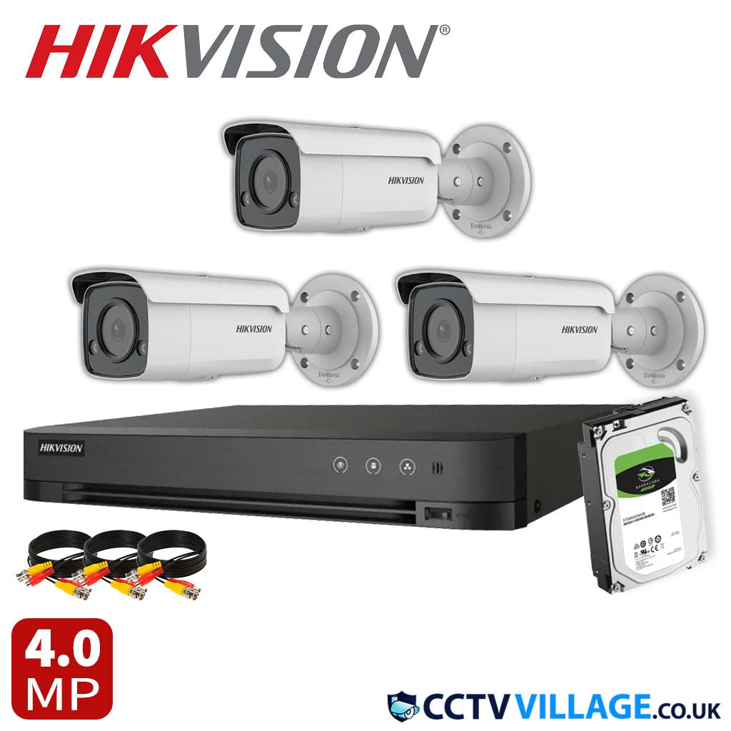 Hikvision 3x Camera Kit 4 Channel 1080p 1U H.265 AcuSense DVR with 6TB HDD 4MP ColorVu Strobe Light and Audible Warning Fixed Bullet Network Camera (DS-2CD2T47G2-LSU/SL)