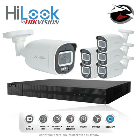 HIKVISION HILOOK 5MP CCTV SYSTEM DVR FULL HD 24/7 HOURS COLORFUL CAMERA KIT UK 8CH DVR 6x Cameras (white) 2TB HDD