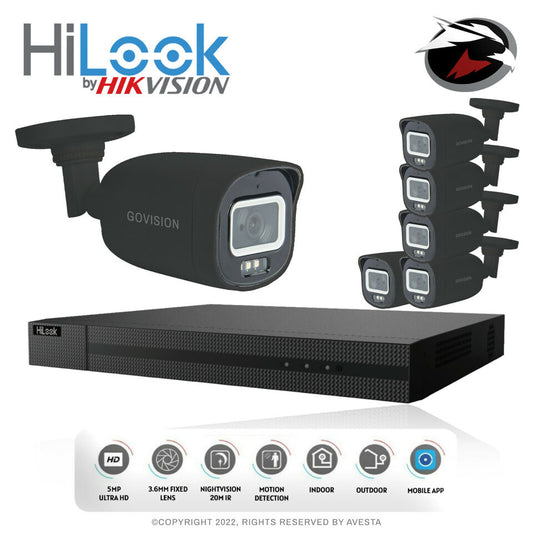 HIKVISION HILOOK 5MP CCTV SYSTEM DVR FULL HD 24/7 HOURS COLORFUL CAMERA KIT UK 8CH DVR 6x Cameras (gray) 2TB HDD