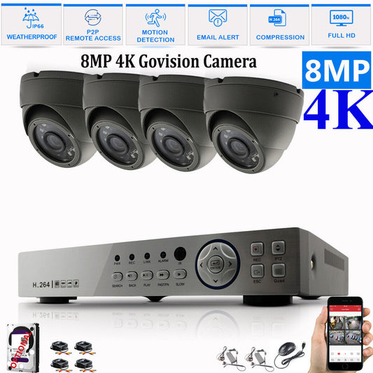 8MP CCTV System 4CH 8CH 4K Ultra HD DVR Dome Camera Home Security Kit Night UK 8CH DVR 4xCameras (gray) 4TB HDD