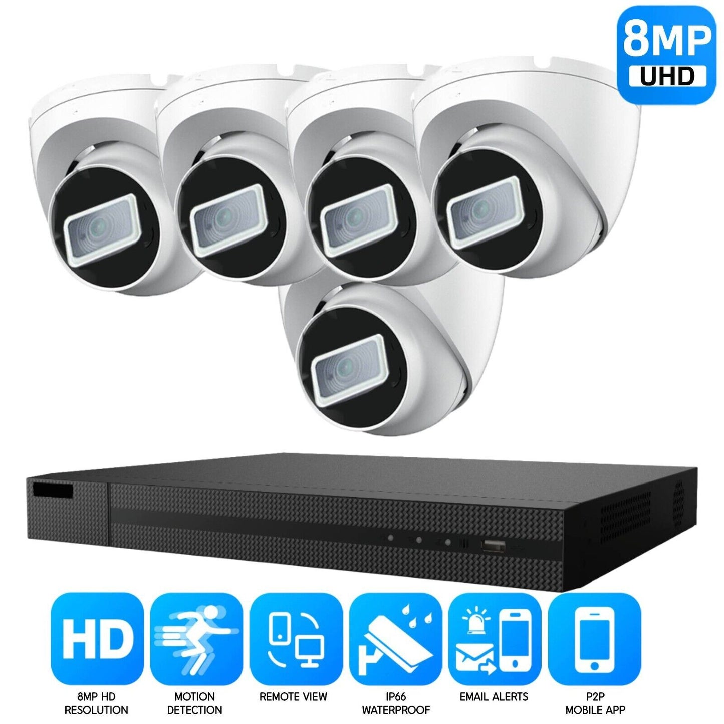 8MP CCTV 4K KIT DVR SYSTEM OUTDOOR ULTRA HD HOME CAMERA SECURITY KIT NIGHTVISION 8CH DVR 5xCameras (white) 2TB HDD