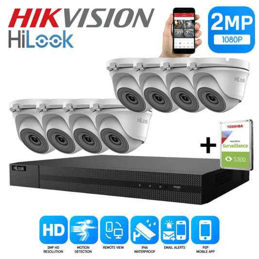 HIKVISION HILOOK CCTV SYSTEM KIT 8CH DVR 2MP TURRET CAMERA DAY/NIGHT UK 8CH DVR 8xCameras (white) 2TB HDD