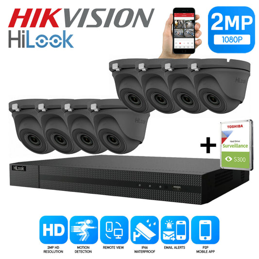 HIKVISION HILOOK CCTV SYSTEM KIT 8CH DVR 2MP TURRET CAMERA DAY/NIGHT UK 8CH DVR 8xCameras (gray) 2TB HDD