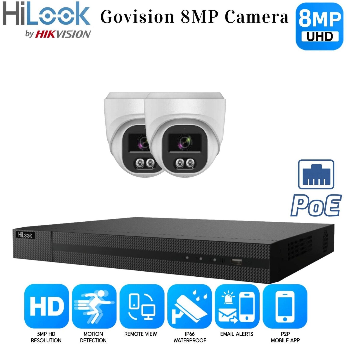 HIKVISION CCTV SYSTEM IP POE 8MP AUDIO MIC CAMERA SMART NIGHTVISION SECURITY KIT 4CH NVR 2x Cameras 2TB HDD