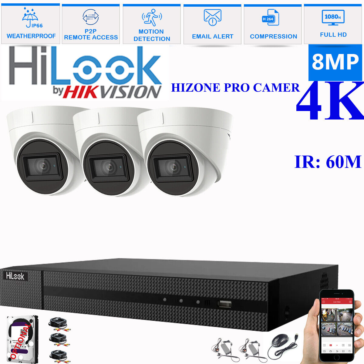 HIKVISION 8MP 4K CCTV HD DVR SYSTEM IN/OUTDOOR IR 60M CAMERA SECURITY KIT 4CH DVR 3xCameras (white) 2TB HDD