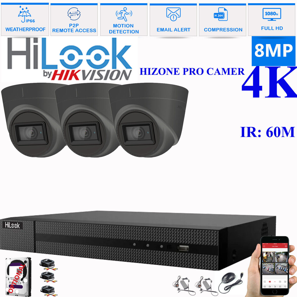 HIKVISION 8MP 4K CCTV HD DVR SYSTEM IN/OUTDOOR IR 60M CAMERA SECURITY KIT 4CH DVR 3xCameras (gray) 2TB HDD