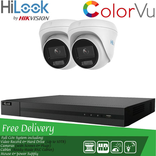 HiLook COLORVU POE CCTV SYSTEM IP UHD 8MP NVR 4K 5MP 24/7 COLORVU CAMERA KIT 4CH NVR 2x Cameras (white) 4TB HDD