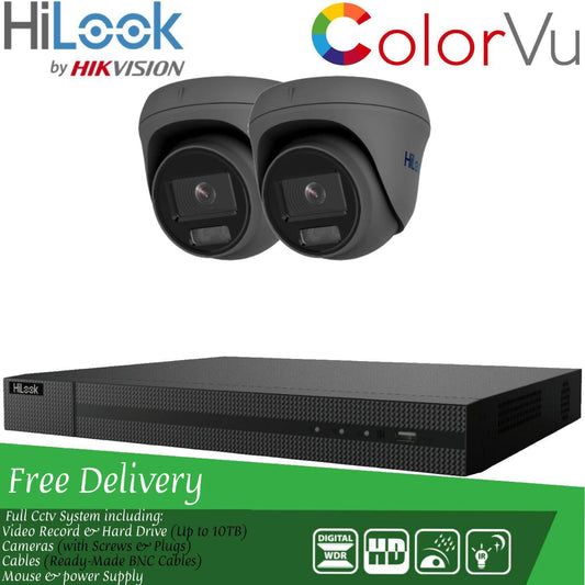 HiLook COLORVU POE CCTV SYSTEM IP UHD 8MP NVR 4K 5MP 24/7 COLORVU CAMERA KIT 4CH NVR 2x Cameras (grey) 4TB HDD