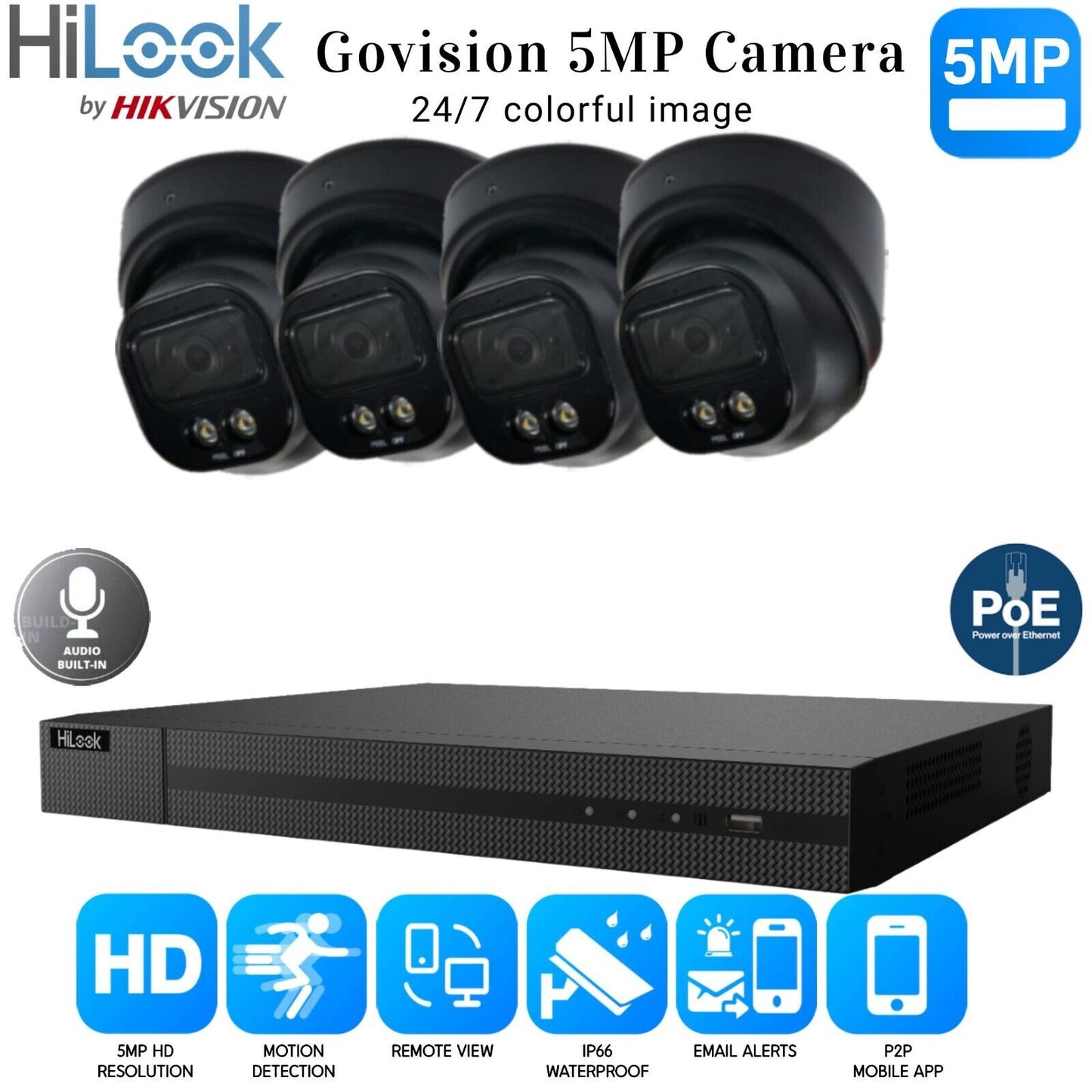 HIKVISION COLORVU POE CCTV SYSTEM IP UHD 8MP NVR 5MP COLORVU AUDIO CAMERA KIT UK 4CH NVR 4xCameras (black) 1TB HDD