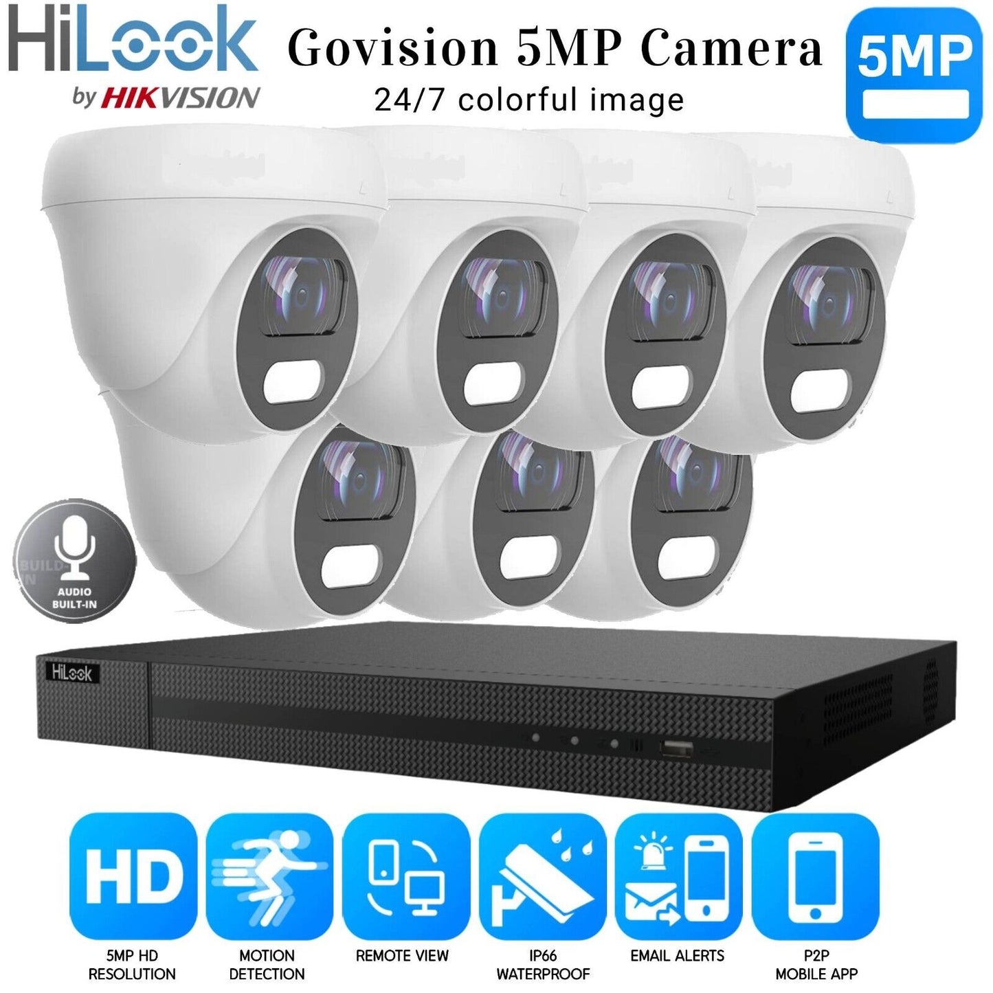 HIKVISION 5MP COLORVU AUDIO MIC CCTV SECURITY OUTDOOR INDOOR CAMERA SYSTEM KIT 8CH DVR 7x Cameras (white) 1TB HDD