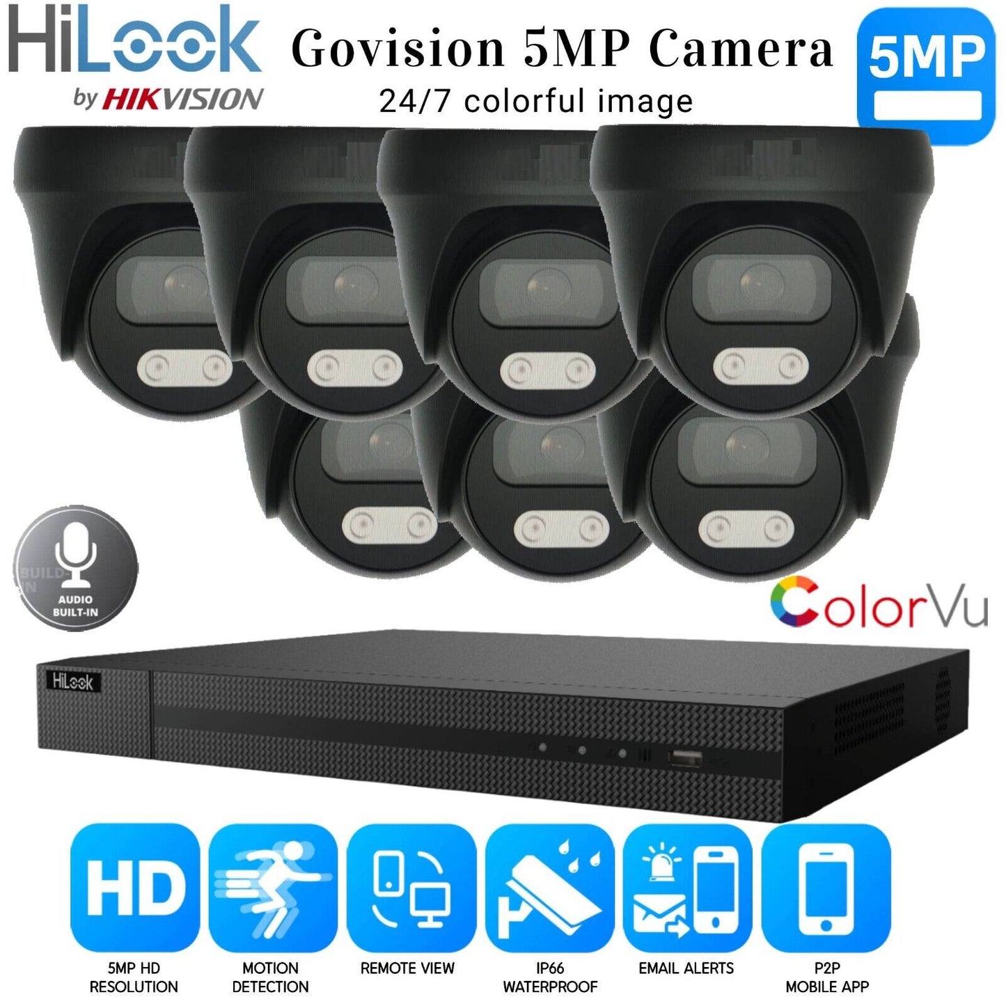 HIKVISION 5MP COLORVU AUDIO MIC CCTV SECURITY OUTDOOR INDOOR CAMERA SYSTEM KIT 8CH DVR 7x Cameras (gray) 1TB HDD