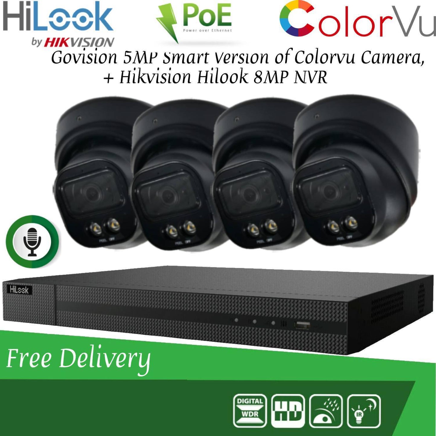 HIKVISION 8MP POE CCTV SYSTEM IP UHD NVR 5MP 24/7 COLORVU AUDIO MIC CAMERA KIT 4CH 4x Cameras (Black) 1TB HDD