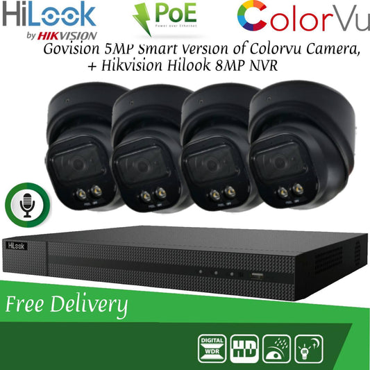 HIKVISION 8MP POE CCTV SYSTEM IP UHD NVR 5MP 24/7 COLORVU AUDIO MIC CAMERA KIT 4CH 4x Cameras (Black) 1TB HDD