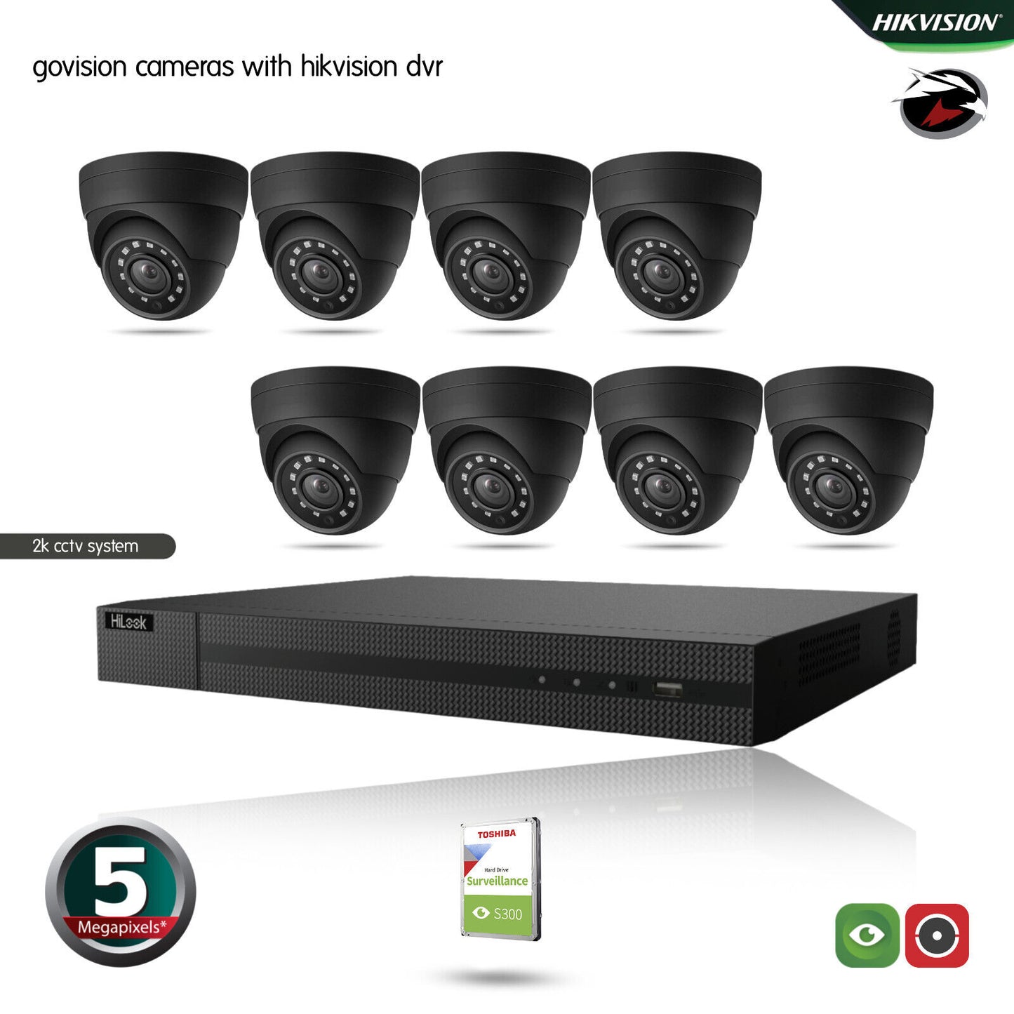 HIKVISION 5MP CCTV FULL HD NIGHT VISION OUTDOOR DVR HOME SECURITY SYSTEM KIT UK 8CH DVR 8xCameras (gray) 3TB HDD